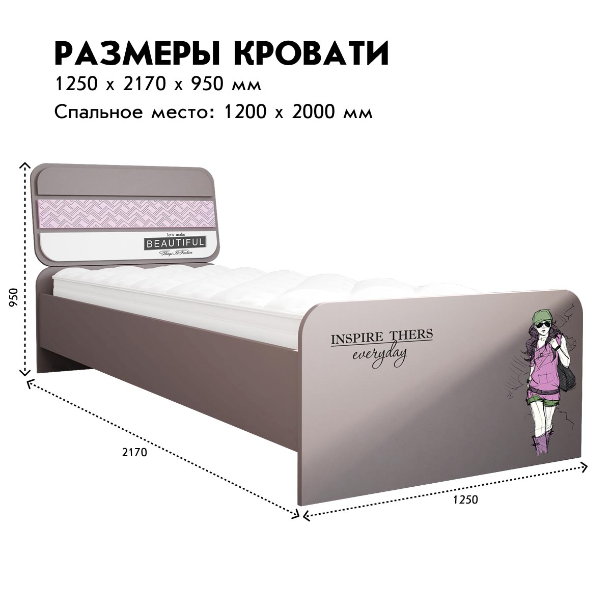 Детская "Сити" - Кровать 1,20 (Камень - Лаванда - Белый)