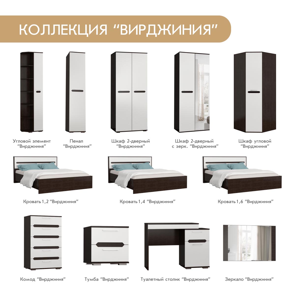 Кровать "Вирджиния" 1,40 (Венге - Эмалит Арктик)